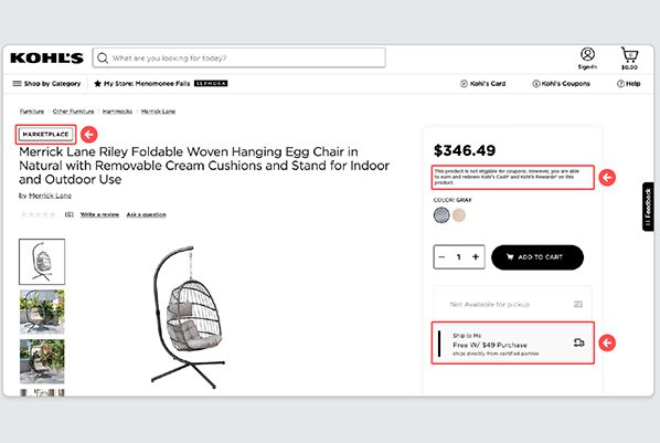 Kohl's marketplace listing showing the ways third-party site are integrated on kohls.com.