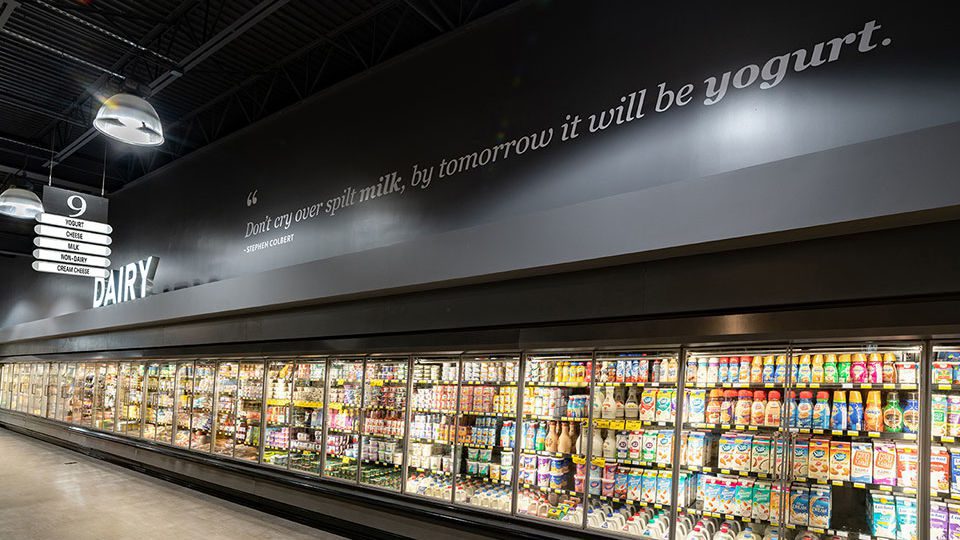 Fun food related quotes are intertwined throughout the space providing guidance and fun while shopping.