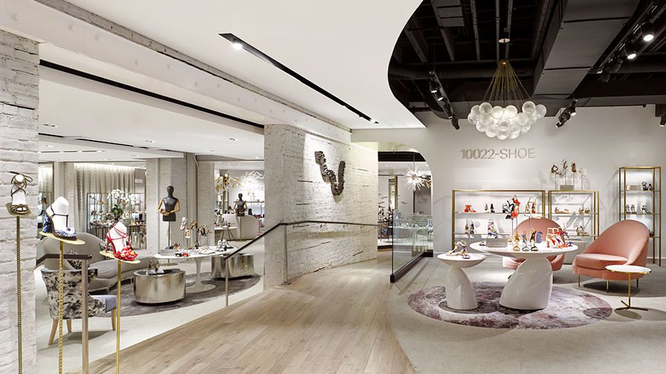 The design of 10022 SHOE, Saks’ new shoe environment, reinvents the traditional department store by encouraging guests to socialize and gather with ample lounge seating that blurs the line between retail and residential. White washed brick and traditional honey oak flooring transform the existing architecture into a feminine environment that is soft and welcoming.