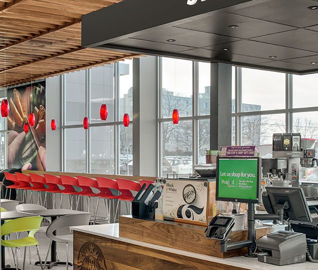 The store features a Starbucks, as well as a smoothie bar with made-to-order fresh fruit smoothies available to go, or to enjoy in the colorful seating area.