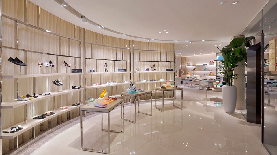 A trend footwear statement faces the exit/entry to elevators.