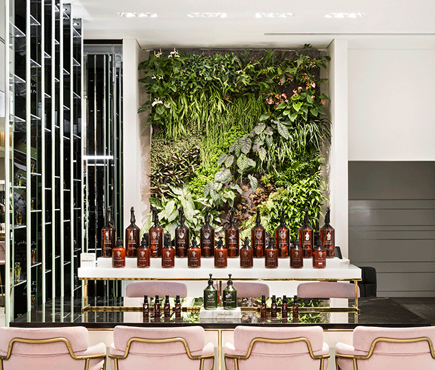 Large scale vertical garden walls and columns were created by world renowned visionary botanist designer, Patrick Blanc.