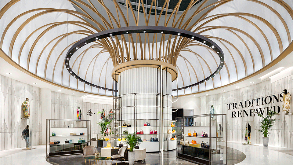 That dynamic runs through every aspect of the design, starting with a series of dramatic external and internal facades which blend large-scale animated screens with sinuous, interlacing lines of timber, bronze anodised aluminium and polished brass.