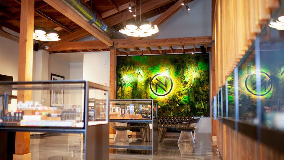 The A-frame ceiling and exposed wooden beams showcase a Piet Mondrian inspired chandelier design with simple geometric shapes. The cluster of seven LED lights provides an abundance of diffused illumination. The chandelier is hand finished with dark bronze and gold leaf. A tufted black leather sofa suspended on cantilever legs flanks the plant wall. Warren Chairs are covered in a commercial wool fabric for durability.