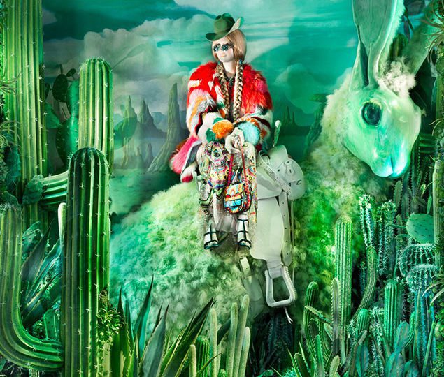 The imagined destinations in the Bergdorf Goodman windows include: “The Book Club,” “The Scenic Route,” “The Winter Garden,” “The Hitch Hiker” and “Bird’s Eye View”—and all in vibrant shades of green.