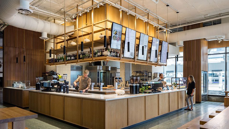 Kaffe Landskap is located just north of the Union Station train tracks, at the southwest corner of the Coloradan building in Downtown Denver. Designed by Roth Sheppard Architects, the space is open and airy, seamlessly blending the interior market-like atmosphere with the urban exterior environment.