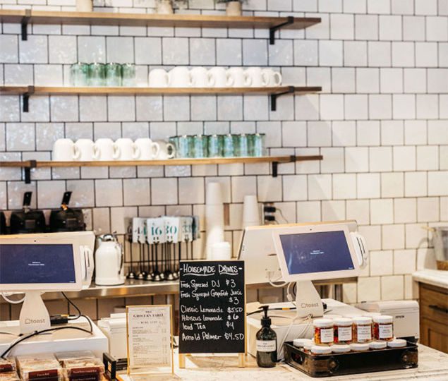 The ceramic tiles in the espresso bar area brighten up the space.