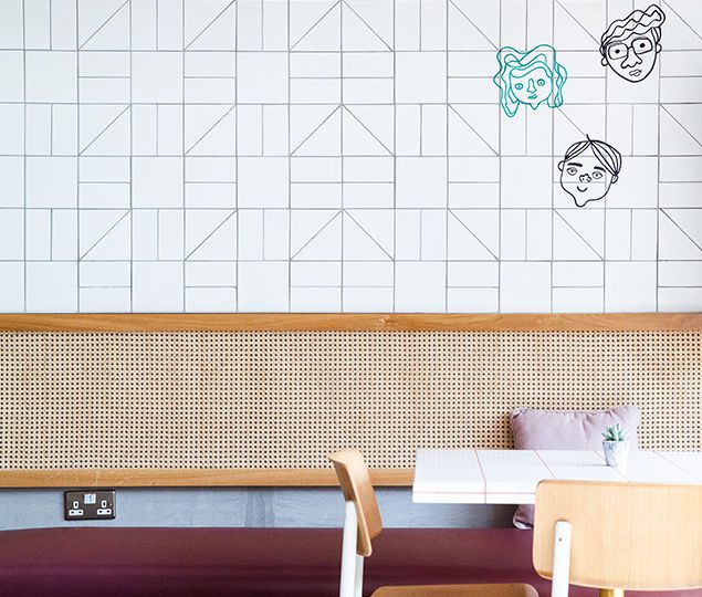 “We focused on making Surround a spirited ‘playground’ for adults, whilst retaining the elegant side. This can be seen in the wall grid, taking us back to school graph paper, with quirky sketches and ‘doodles’ that create a nostalgic language,” says Hasan Roomi, Co-founder of H2R Design. Diners will discover quirky doodles playing on the school for kids’ nostalgic references. The stencil doodles throughout the space engage the guests and remind them of the fun and playfulness they once had at school.