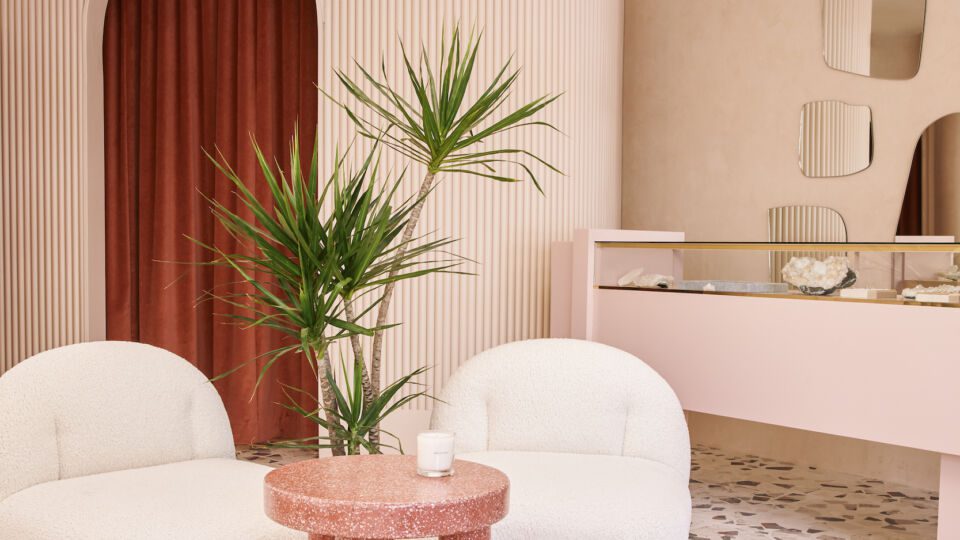 Artist Sasha Saab created wall treatments, adding texture to the polished store.