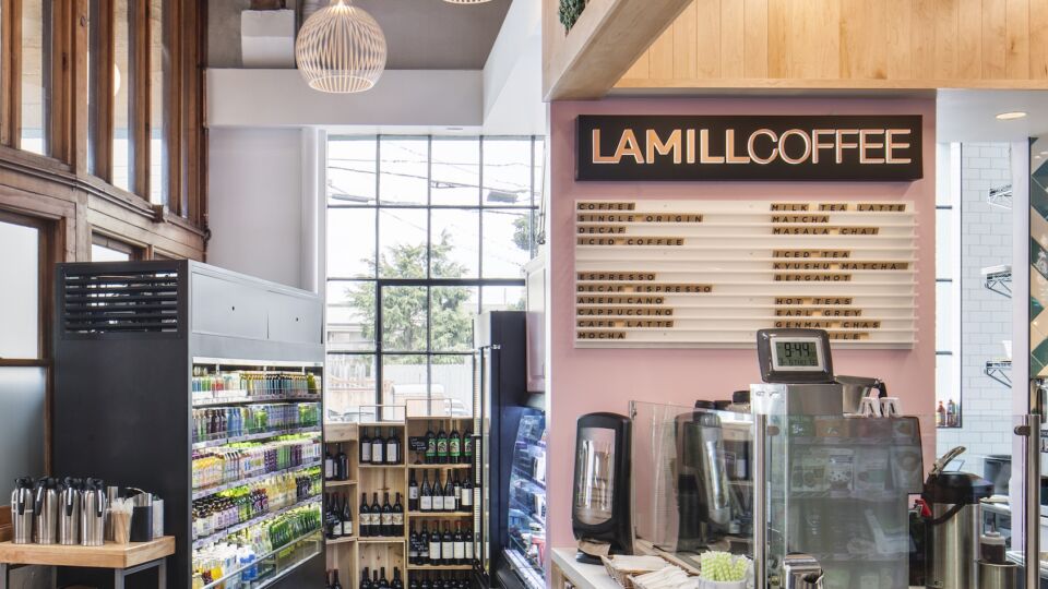 The eatery’s juice and acai bowl counter, located adjacent to the LAMILL Coffee counter, shares the lively color palette found throughout the space.