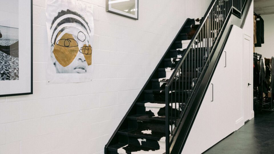 The over-the-top décor includes a two-story cow-hide runner, and leather-wrapped bar tops and benches that are meant to inspire visitors to help them imagine the possibilities of custom leather.