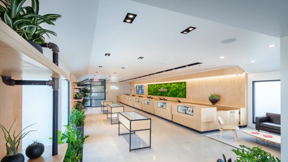 The view from the dispensary exit highlights the continuous open layout of product display, client services and a consultation area with seating.