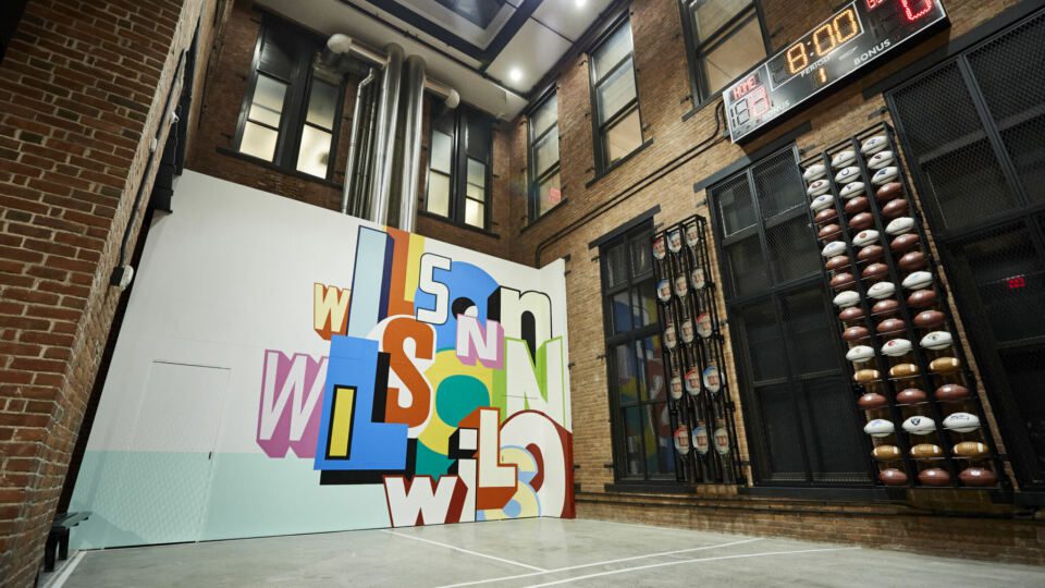 The Thomas E. Wilson Park atrium with artwork by Greg Lamarche.