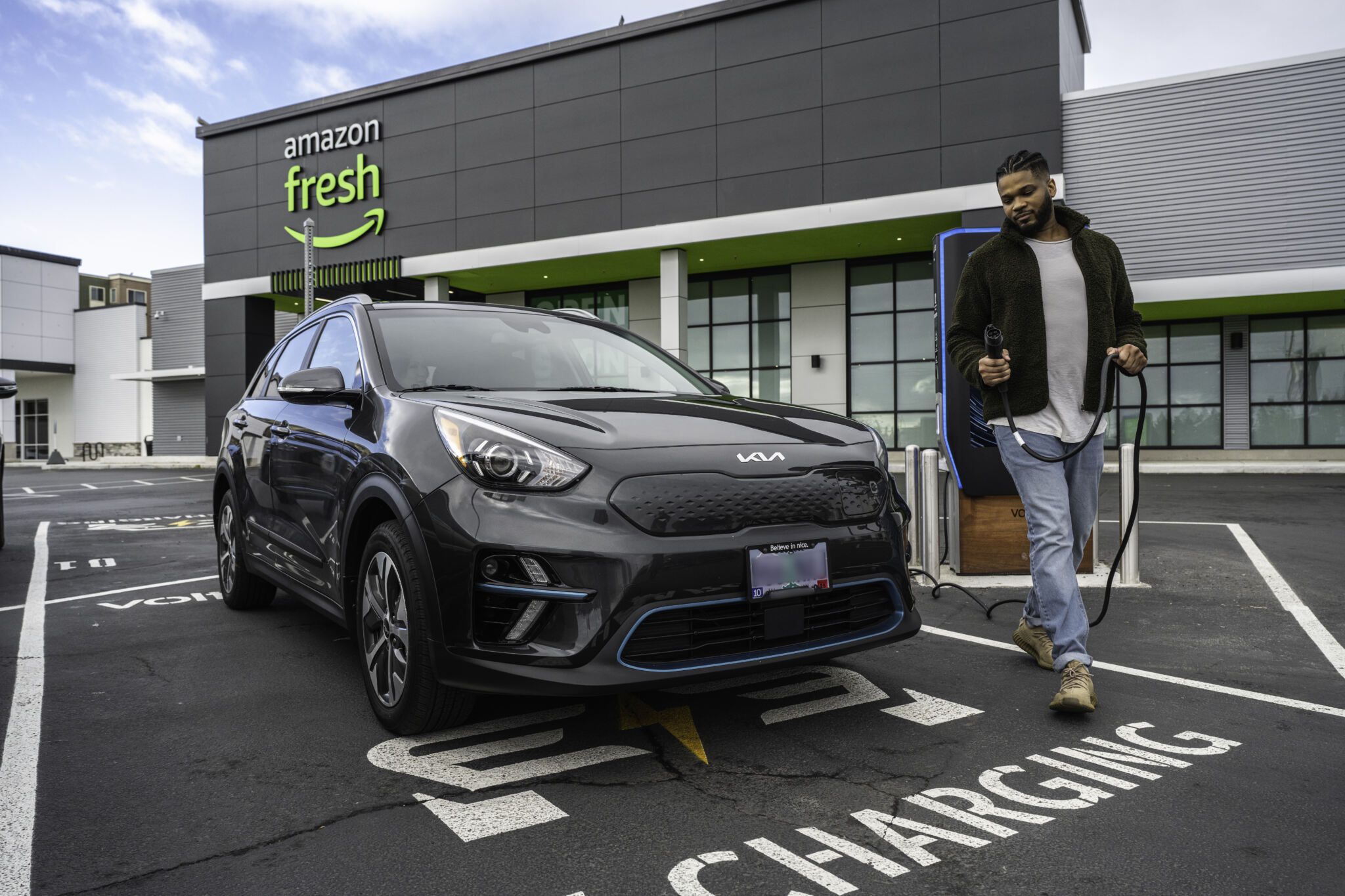 EV charging station outside the new Amazon Fresh in Seattle