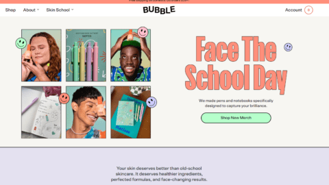 The homepage of the Bubble ecommerce site shows a montage of Gen Z consumers, Bubble products and on the right, the tagline 'face the school day'