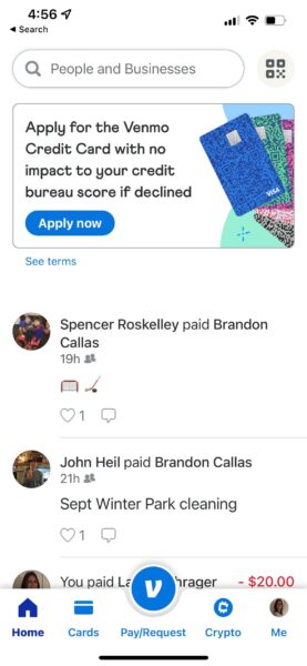 The Venmo homepage feed mimics that of social media sites.