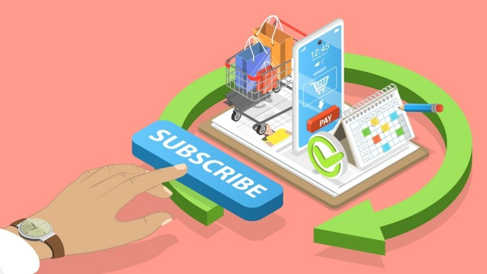 An animation of a finger going to click on a giant blue "subscribe button." There is a calendar, smartphone with a shopping cart on it, and an actual shopping cart with bags in it.