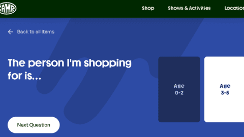 The main panel of the Camp Gift Finder tool encourages visitors to select from their age range and then answer a series of more specific questions.