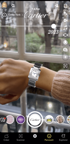 Cartier Snap AR lens lets users "try on" the new Tank Watch. 