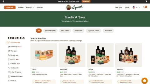 The Dr. Squatch website encourages visitors to purchase bundles and subscribe to save on key hair, skin and body care items.