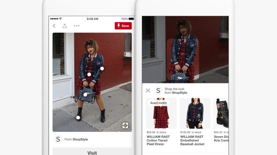 Images of different shopping experiences within Pinterest. Hot spots allow people to click on items and access more information