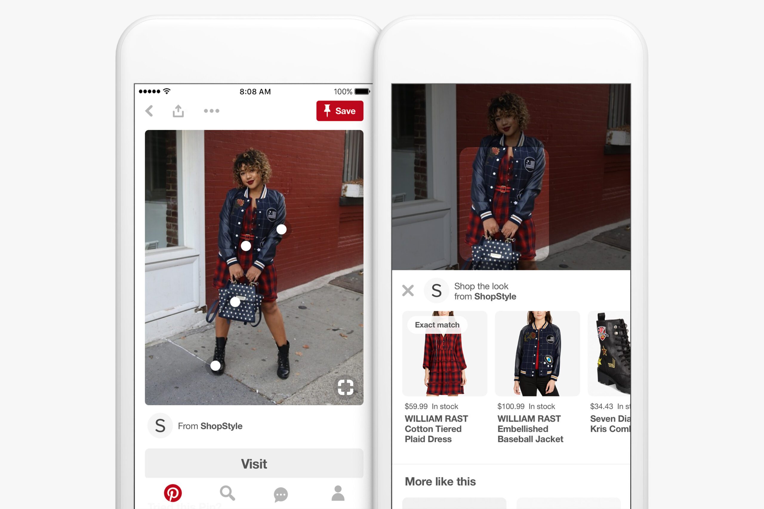 Images of different shopping experiences within Pinterest. Hot spots allow people to click on items and access more information
