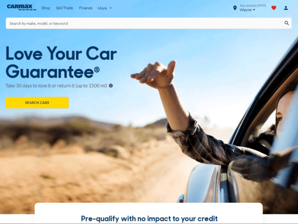 CarMax homepage featuring the Love Your Car guarantee.