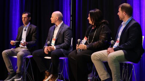 Insider Intelligence’s Andrew Lipsman moderates a panel at the Retail Innovation Conference & Expo June 15, 2023 with retail media executives from Lowe’s (John Storms), Marriott (Elizabeth Donovan) and Dollar General (Dustin Cochart).