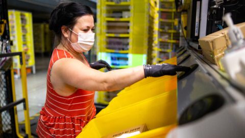 Worker in an Amazon warehouse.