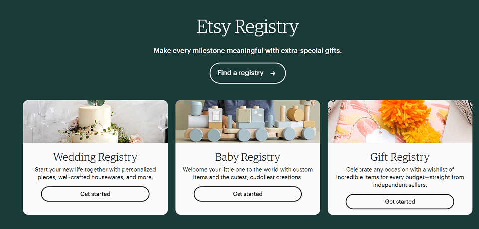 Etsy registry page