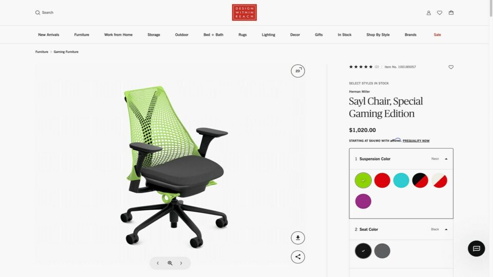 Herman Miller and Design Within Reach (DWR) have launched 3D product visualization on their U.S. retail websites to ease customization for shoppers and designers.