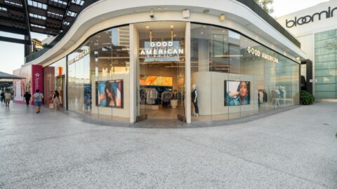 Good American flagship in LA featuring Samsung screens.