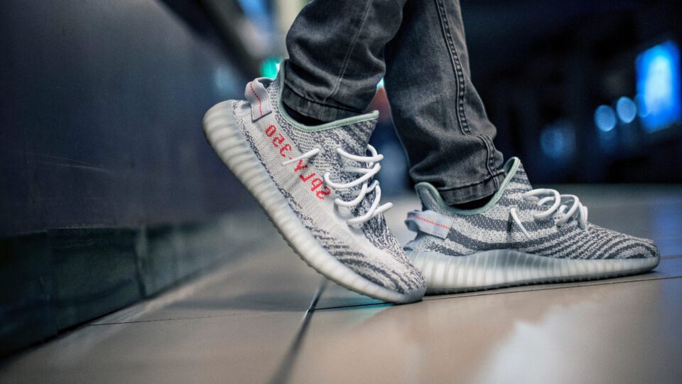 A pair of shoes from the discontinued Adidas x Yeezy collab.