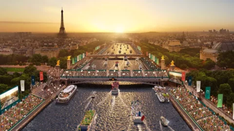 Mockup of the water-based Olympics Opening Ceremony set to take place on the Seine River July 26.