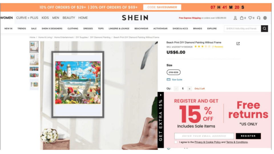 Shein page for “Beach Print DIY Diamond Painting Without Frame,” in which the lawsuit claims Alan Giana’s Coastal Escape artwork was used without permission. (Image courtesy Alan Giana v Shein court filing)