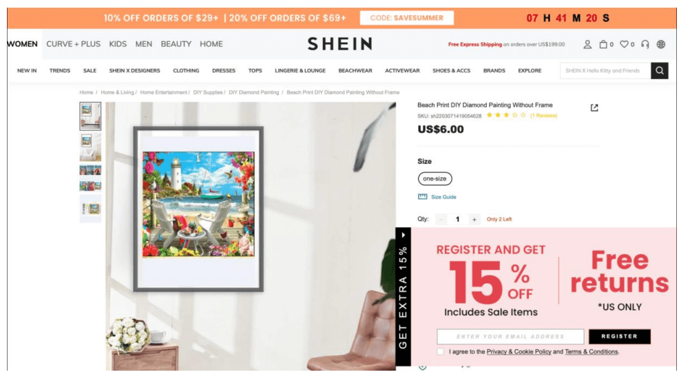 Shein page for “Beach Print DIY Diamond Painting Without Frame,” in which the lawsuit claims Alan Giana’s Coastal Escape artwork was used without permission. (Image courtesy Alan Giana v Shein court filing)