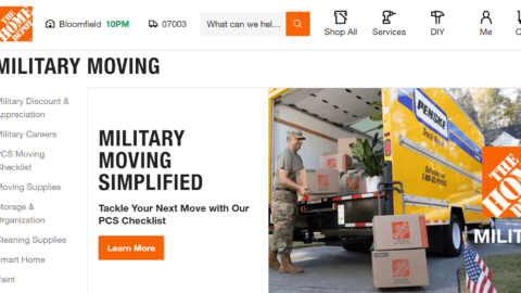 Homepage of the Home Depot military moving hub.