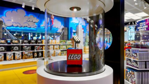 A Space Brick made from 4.5-billion-year-old meteorite dust by the European Space Agency, seen here at the Lego Store on Fifth Ave in New York City.