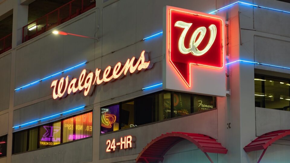Walgreens storefront at night.