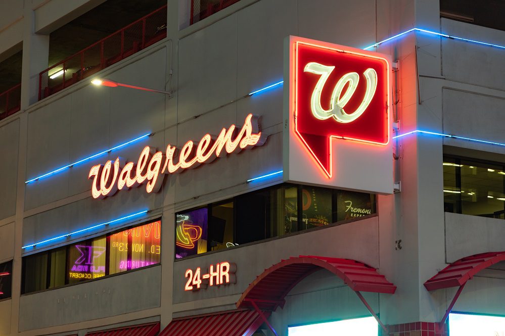 Walgreens storefront at night.
