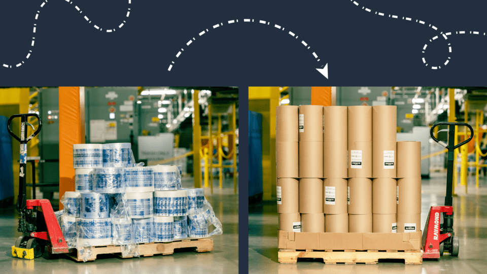 Plastic air pillows at Amazon compared to rolls of paper filler.