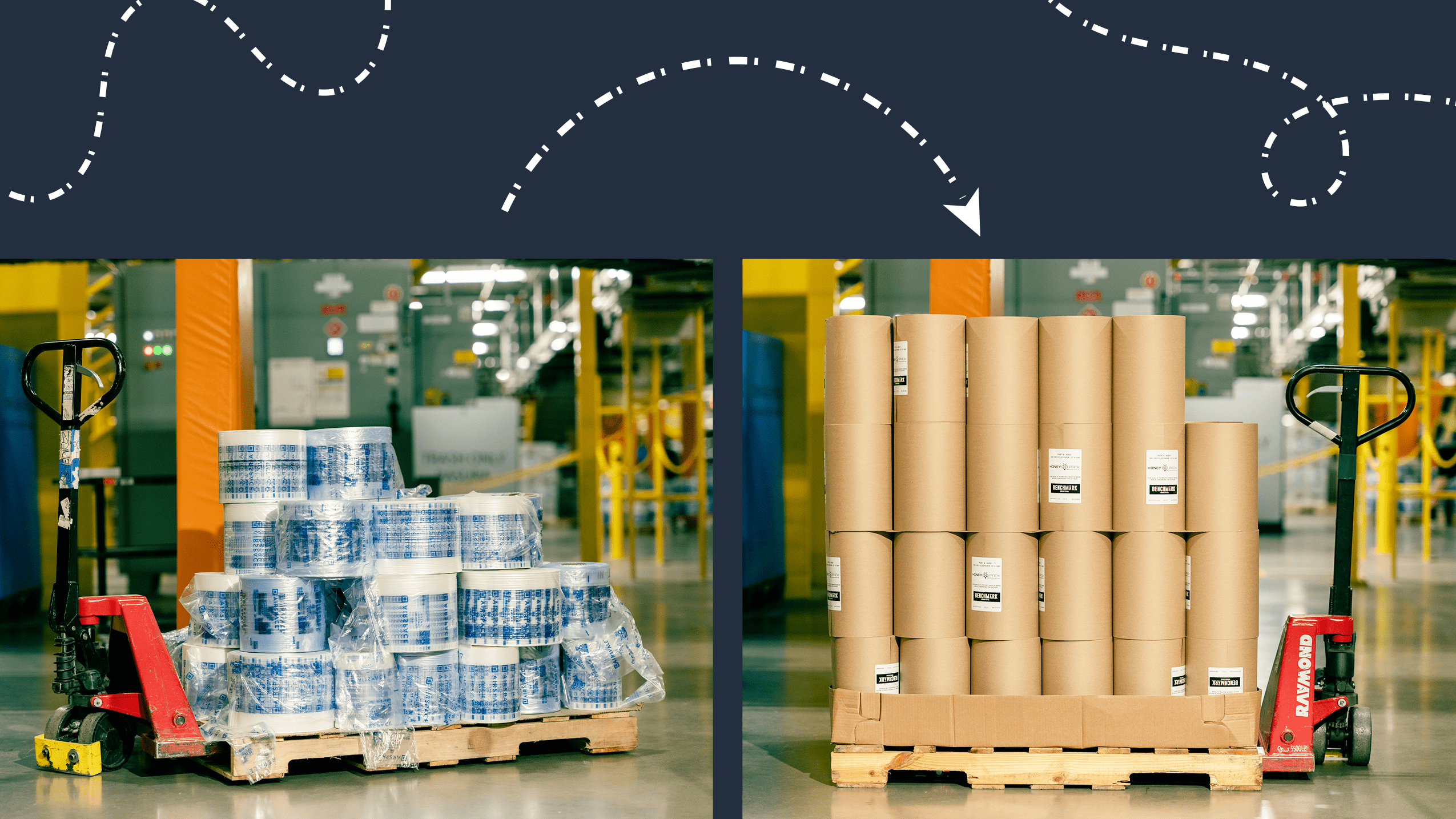 Plastic air pillows at Amazon compared to rolls of paper filler.