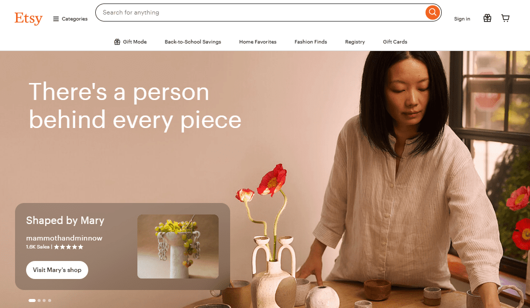 Etsy homepage now features its new messaging focused on humans.