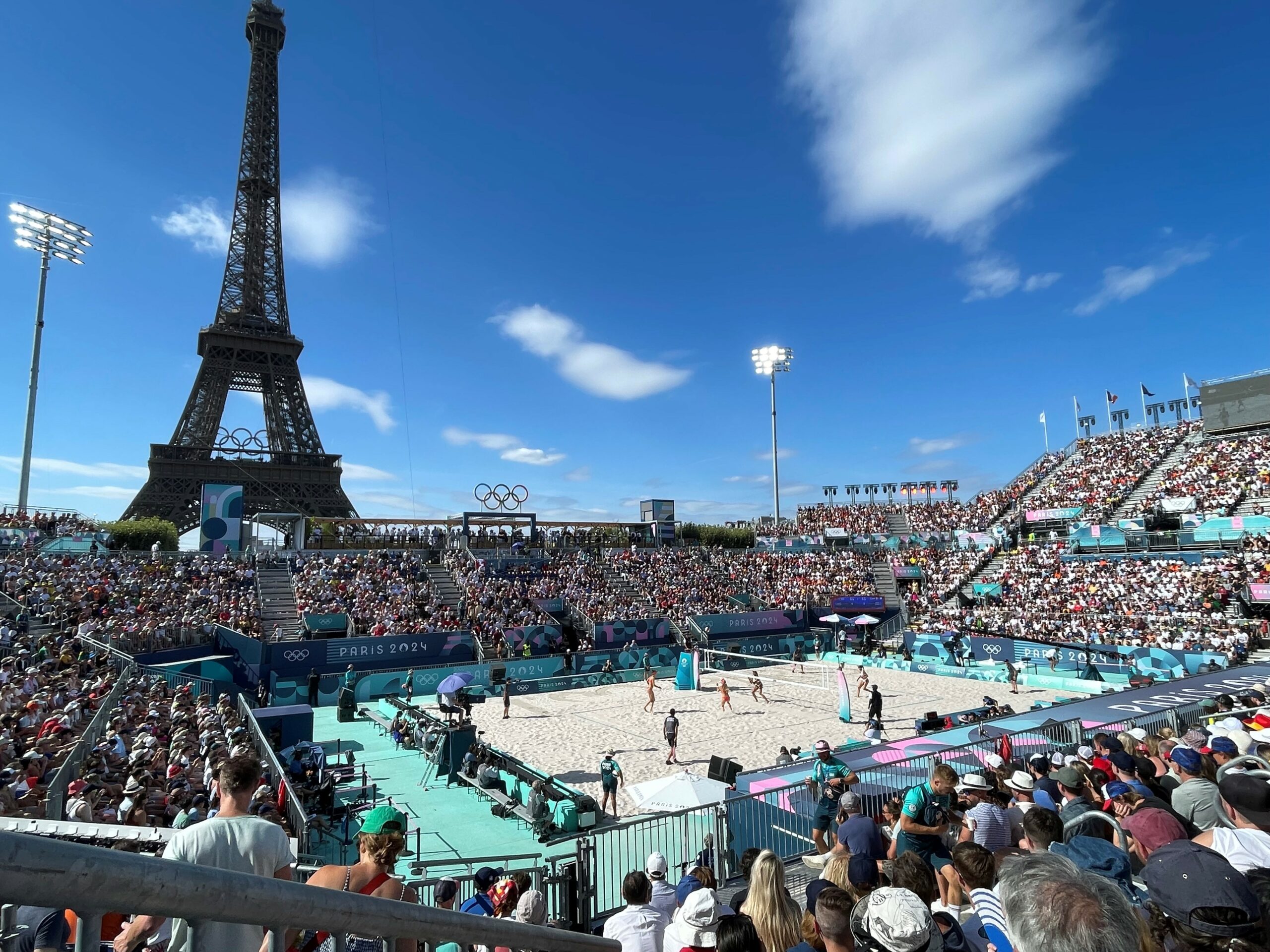 The Paris 2024 beach volleyball stadium at the base of the Eiffel Tower.