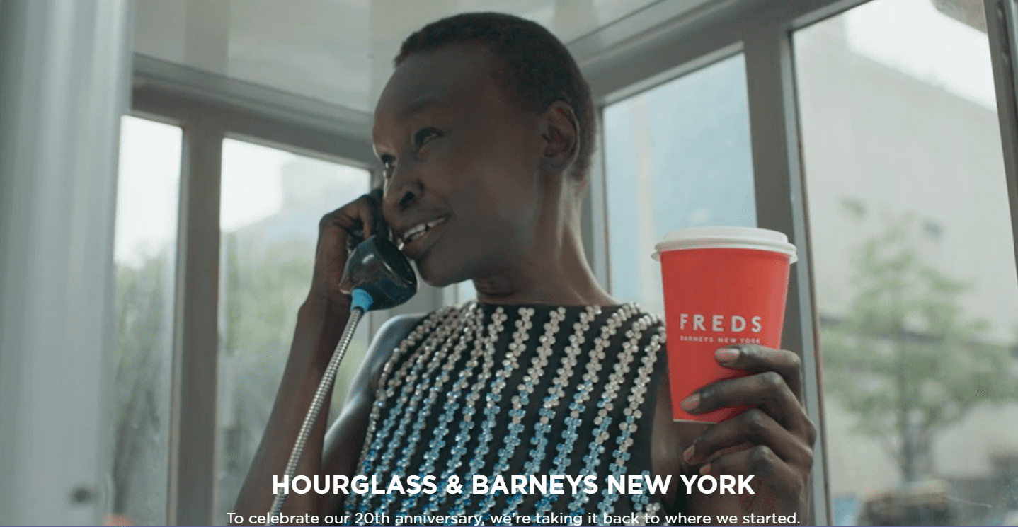 Hourglass' homepage features a teaser spot with a prominently placed Fred's cup (from the iconic Barneys restaurant).