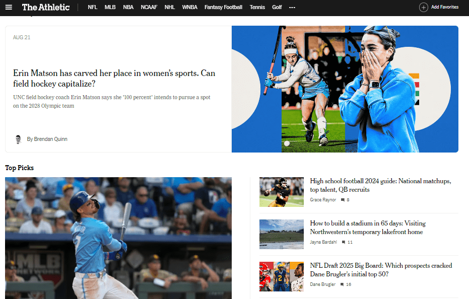 Homepage of The Athletic which debuted a new partnership with Ebay.