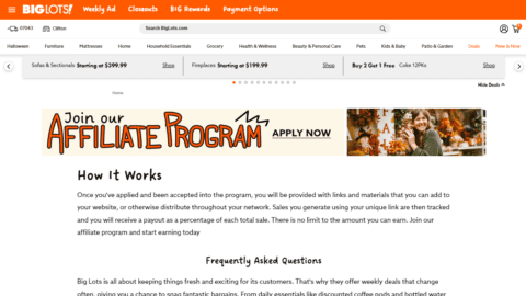 Homepage for Big Lots new affiliate program.
