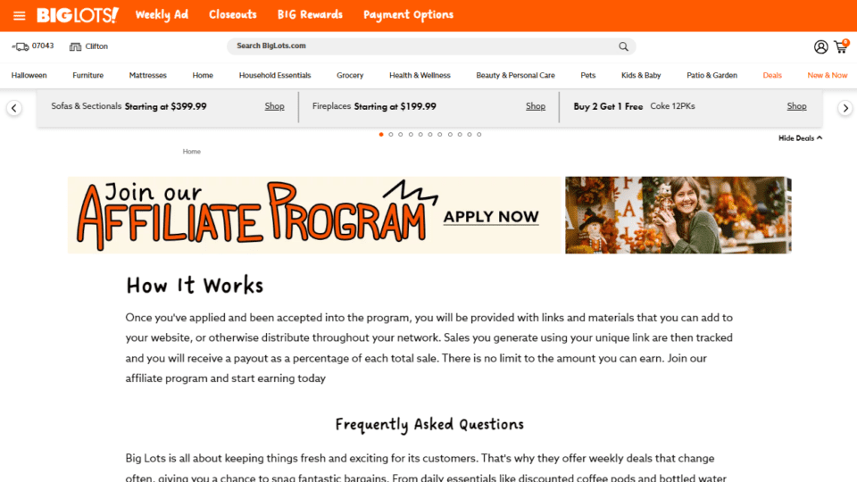 Homepage for Big Lots new affiliate program.