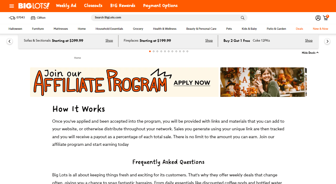 Homepage for Big Lots new affiliate program.
