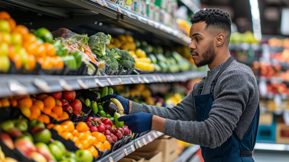 A grocery store associate stocks shelves.